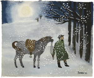 Painting of a man and his horse in a wintery, snowy landscape as the sun sets