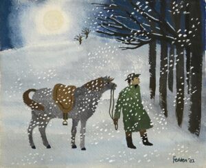 Painting of a man and his horse in a wintery, snowy landscape as the sun sets