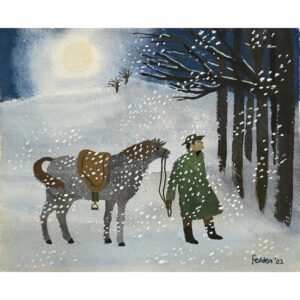 Painting of a man and his horse in a wintery, snowy landscape as the sun sets