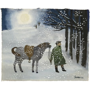Painting of a man and his horse in a wintery, snowy landscape as the sun sets