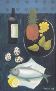 Mary Fedden still life oil painting of fruit, fish, bird eggs, pineapple and wine bottle