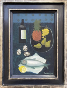 Mary Fedden framed still life oil painting of fruit, fish, bird eggs, pineapple and wine bottle
