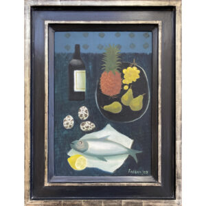 Mary Fedden still life oil painting of fish, eggs, fruit and wine in bourlet frame