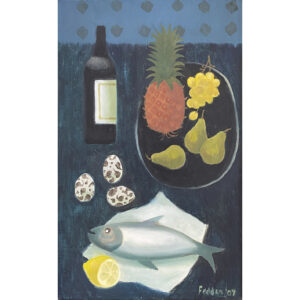 Mary Fedden still life oil painting of fruit, fish, bird eggs, pineapple and wine bottle