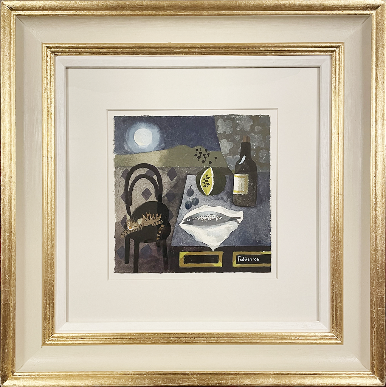 Mary Fedden Tabby cat in Moonlight – framed-2