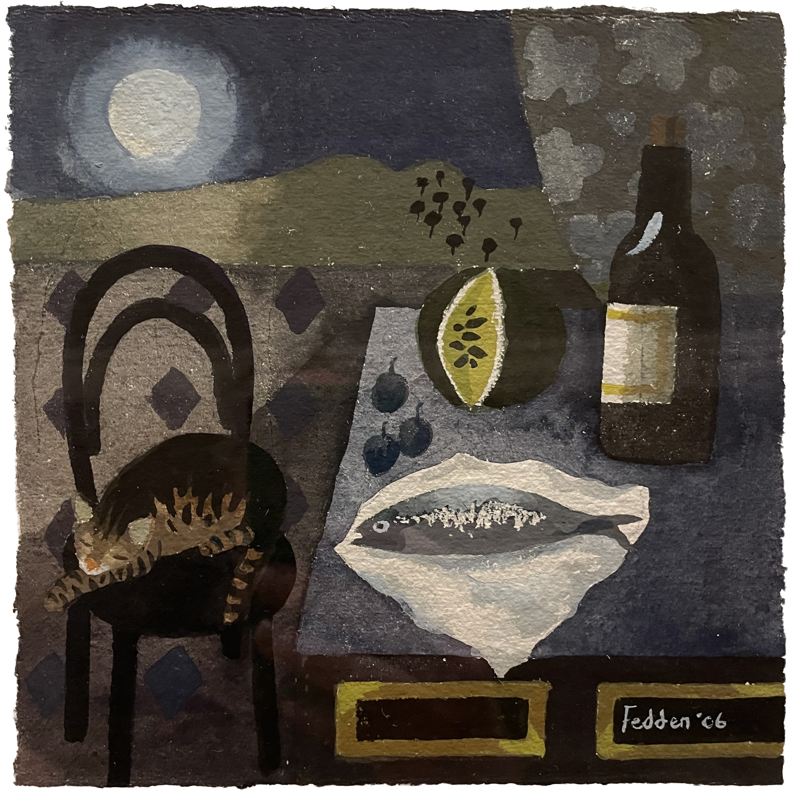 Mary Fedden Tabby cat in Moonlight – square