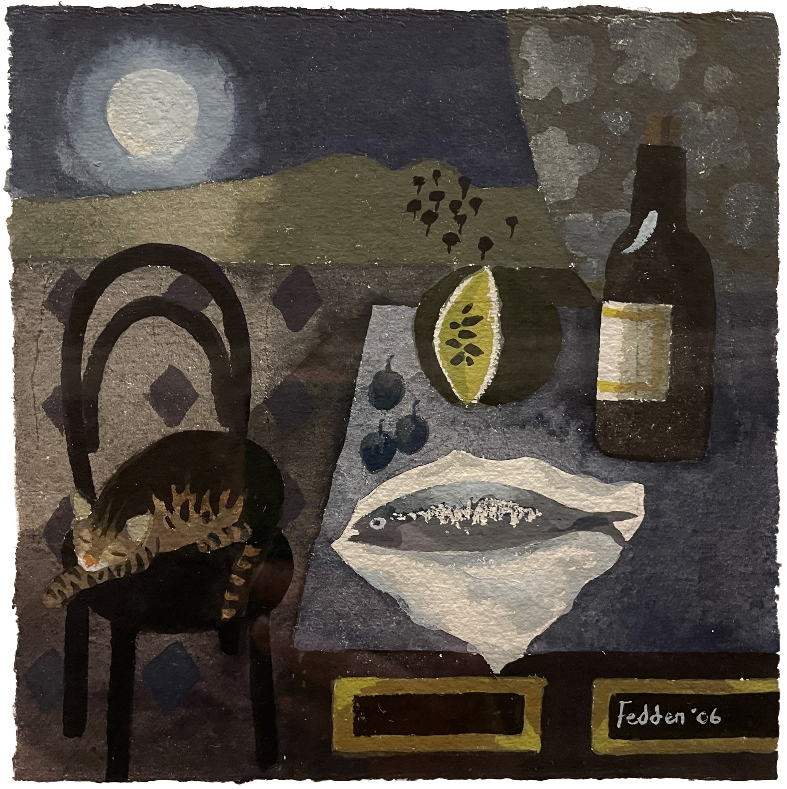 Mary Fedden Tabby cat in Moonlight