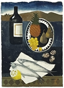 Mary Fedden still life painting of two fish with fruit and a bottle of wine in front of a evening landscape