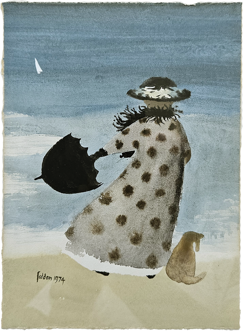 Mary Fedden watercolour of lady and her dog walking on the beach on a rainy day. Overlooking the sea with a sailing boat in the far distance.
