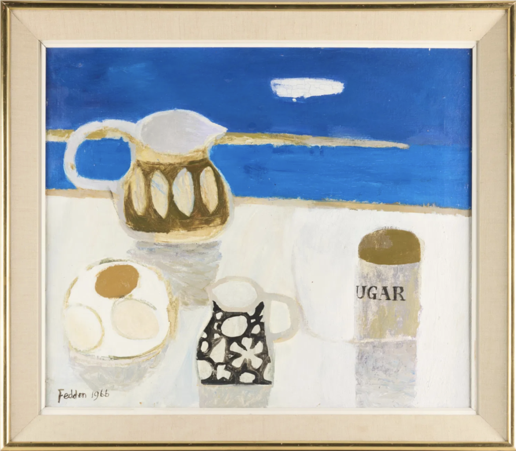 Mary Fedden oil painting of a still life with jugs, eggs and a sugar pot in front of a rich blue sky and seascape. Framed. For sale.