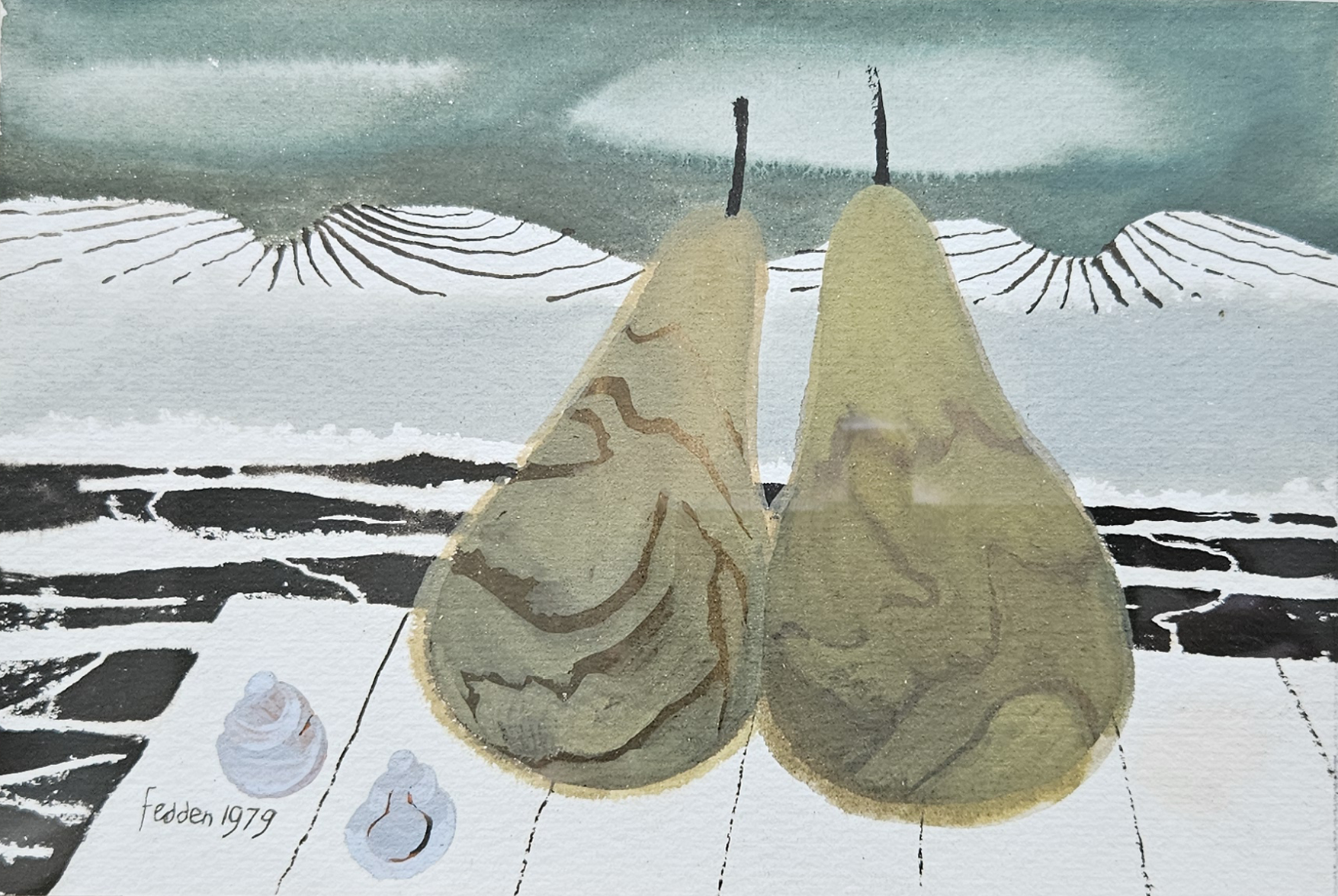 Mary Fedden for sale. Watercolour of two pears on a table with a hilly landscape in the background 