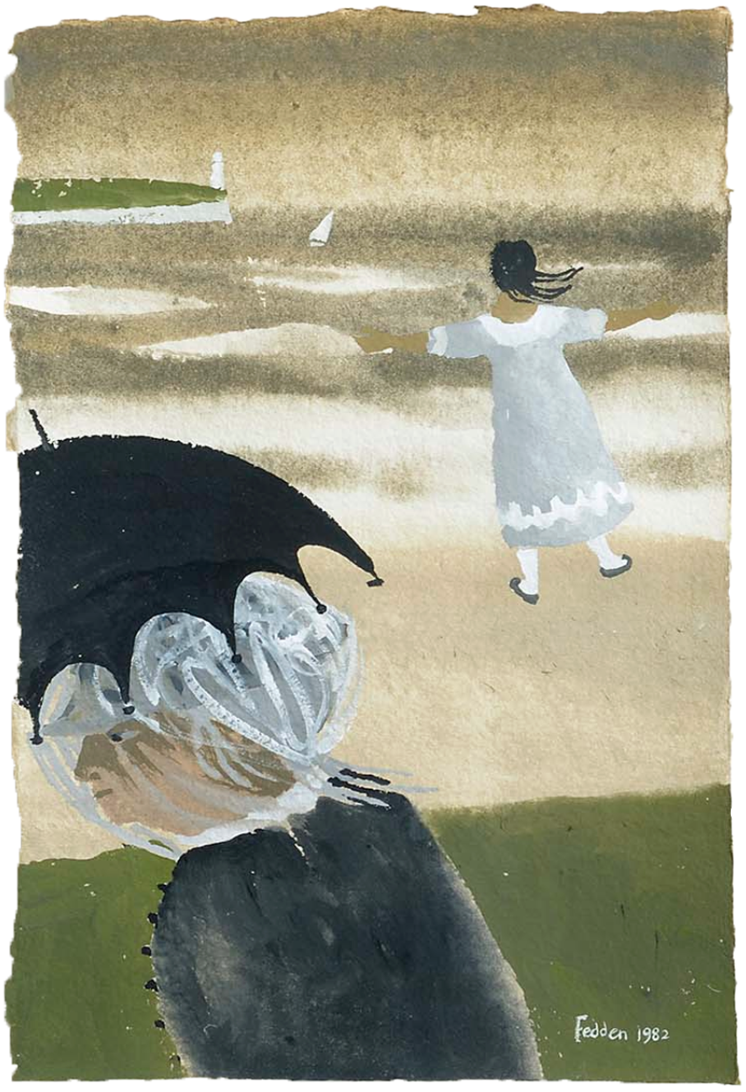 Mary Fedden painting for sale. A young girl on a windy beach with a sailing boat on the horizon and an oder lady with umbrella in the foreground