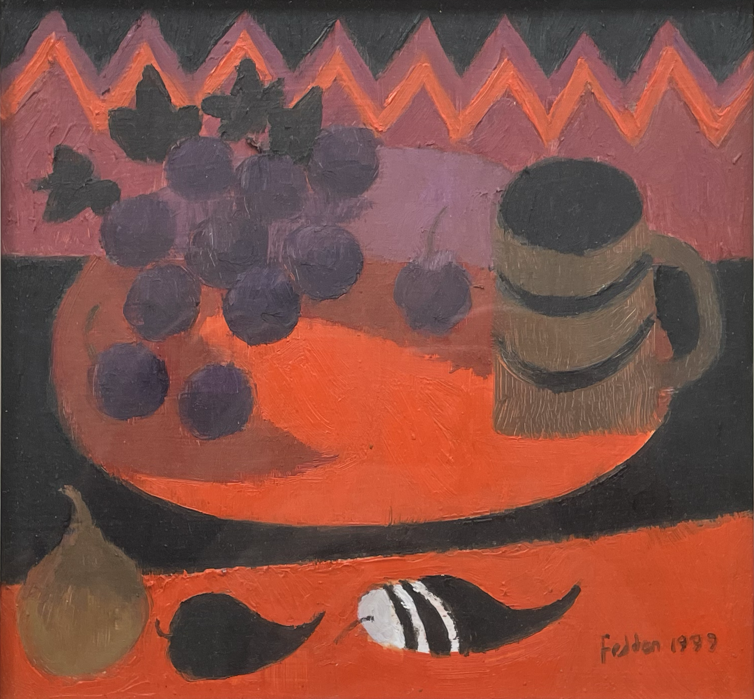 Mary Fedden oil painting for sale. A table top still life with fruit and a mug, mainly painted in red and black
