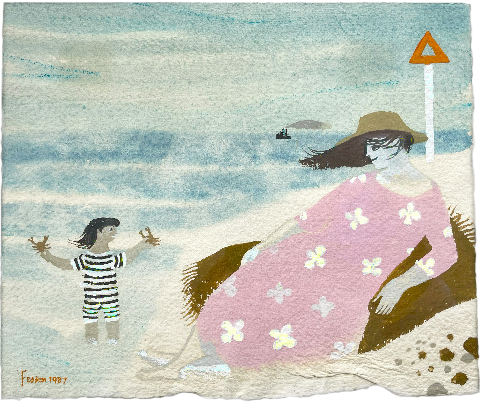 Mary Fedden for sale - watercolour of mother and child on the beach catching crabs