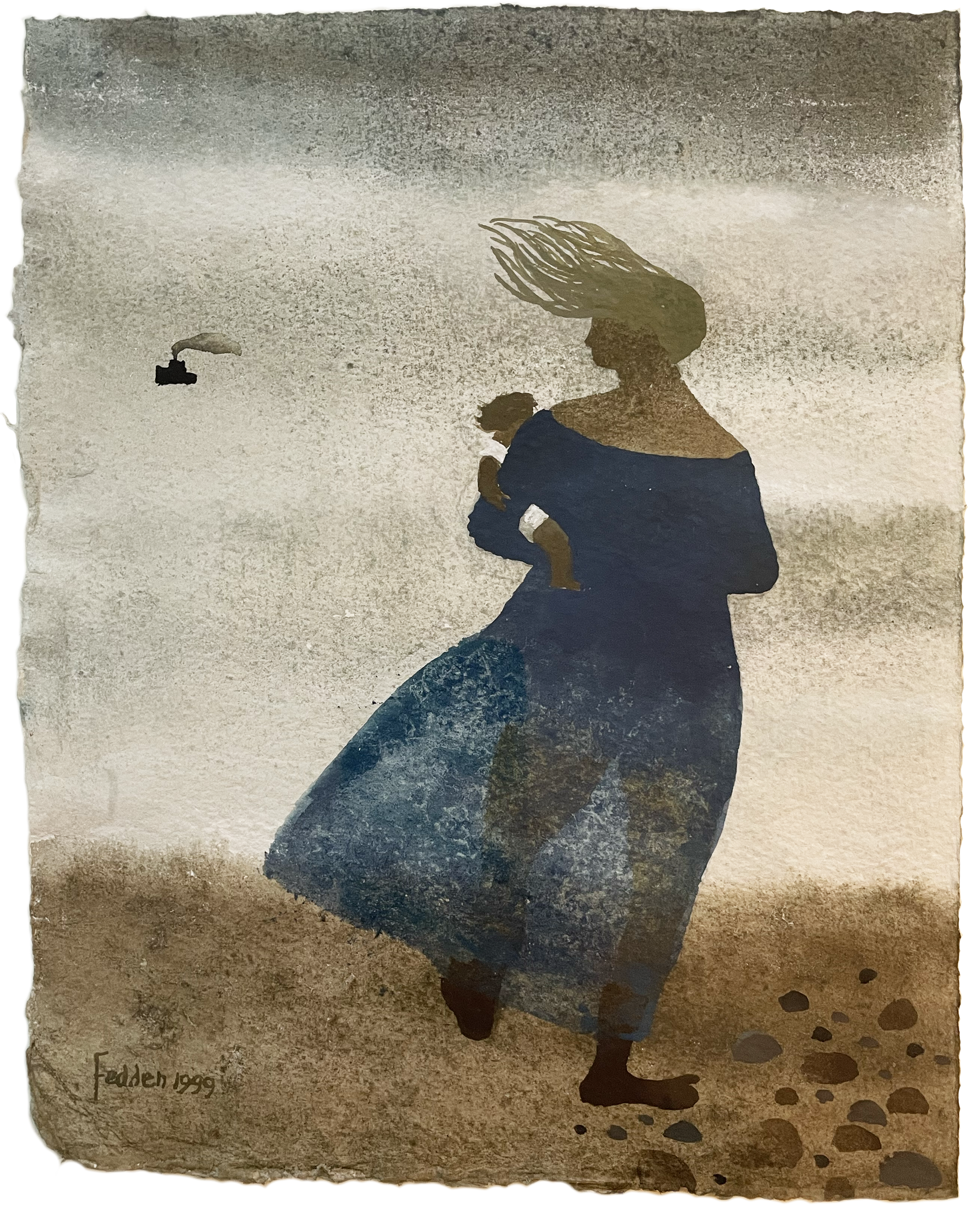 Mary Fedden watercolour and gouache painting of a mother and daughter on the beach
