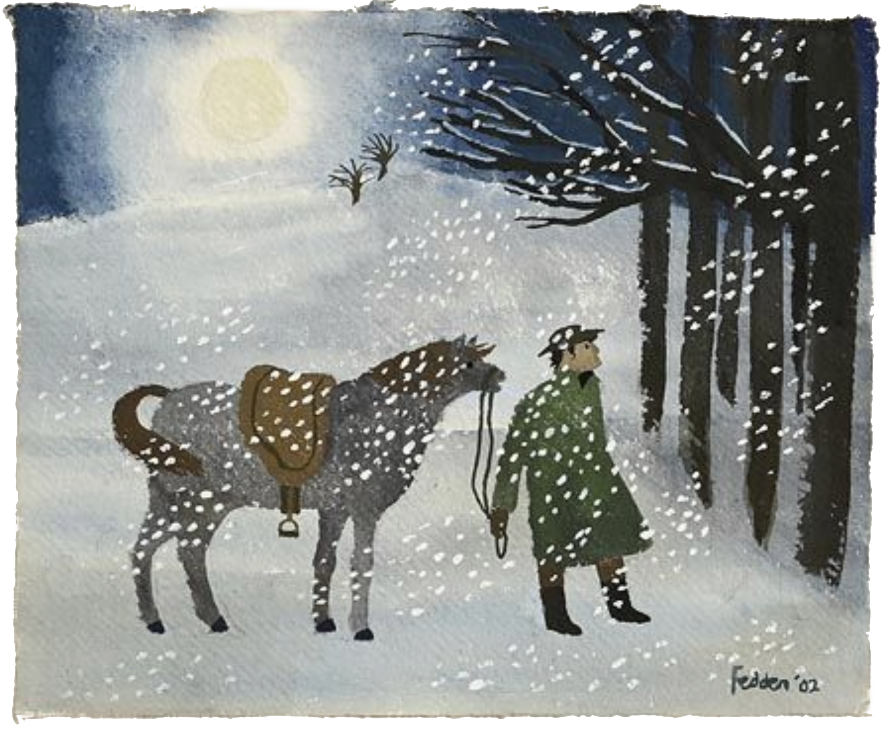 Painting of a man and his horse in a wintery, snowy landscape as the sun sets