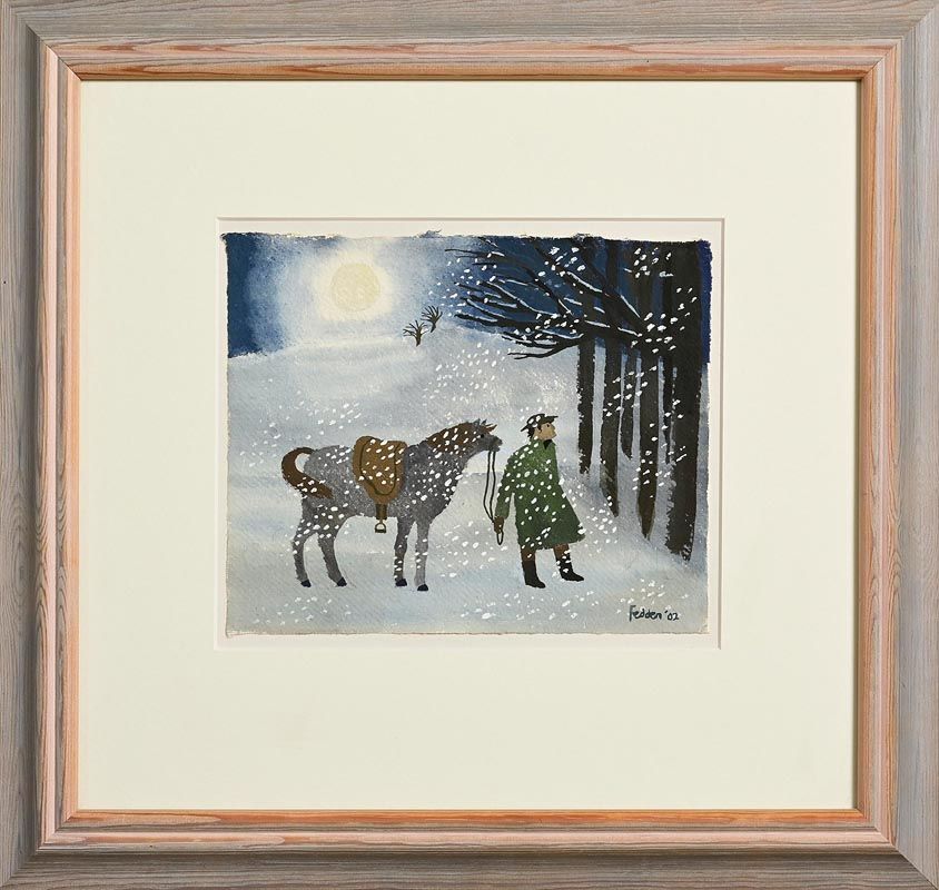 Painting of a man and his horse in a wintery, snowy landscape as the sun sets