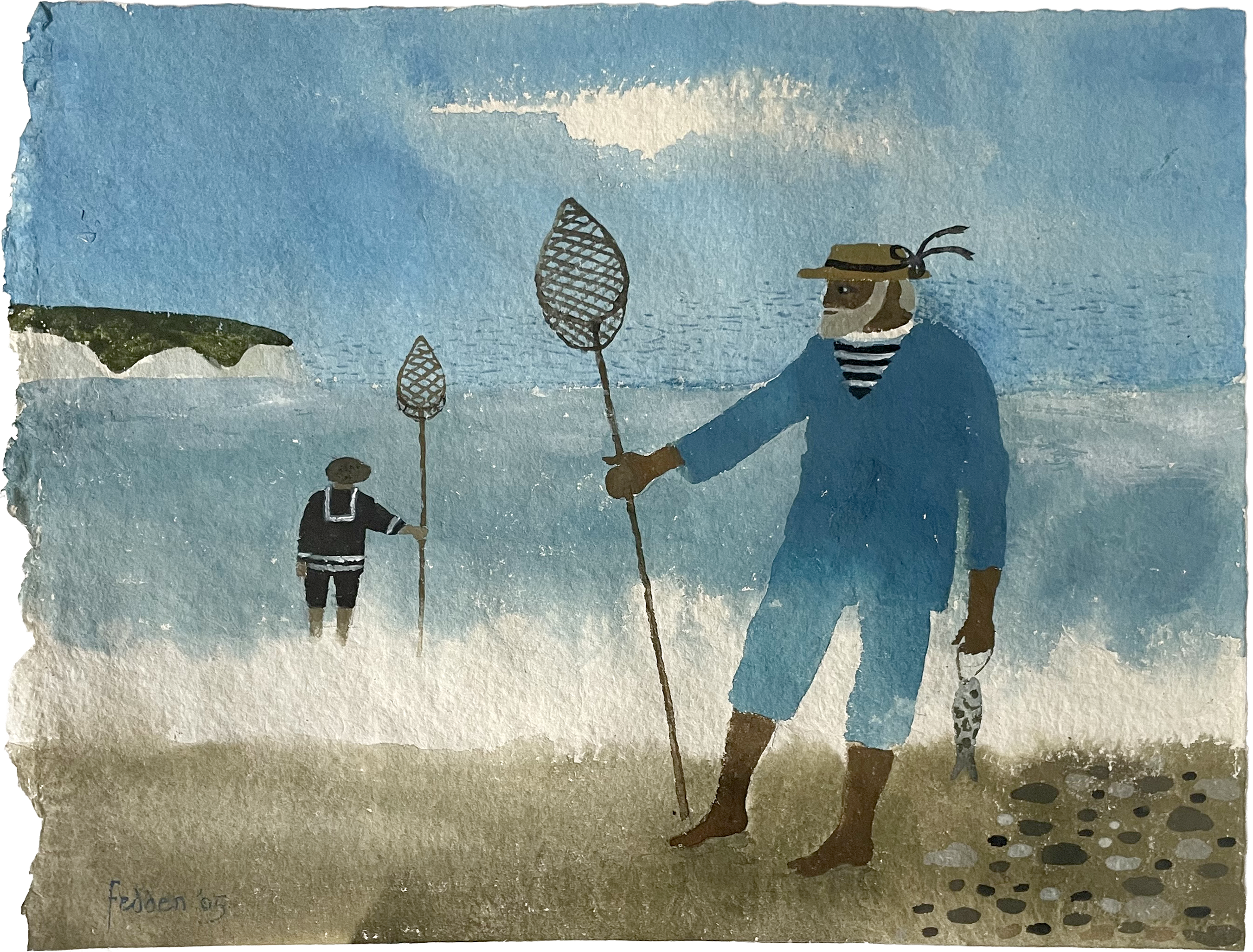 Mary Fedden painting of Julain Trevelyan on the beach with a fishing net