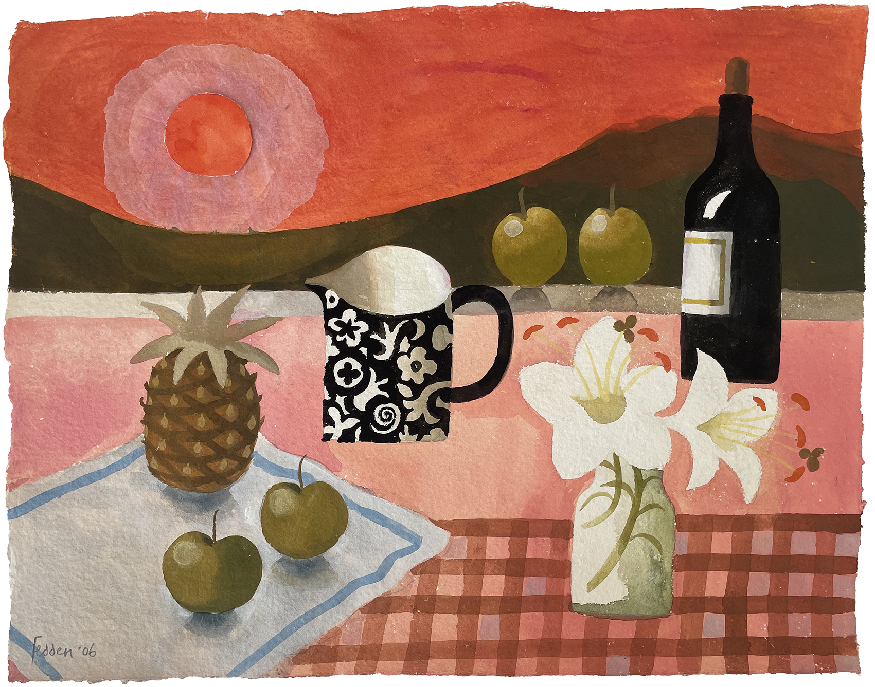 Mary Fedden gouache / collage painting of a still life in front of a hot red sunset, including apples, a pineapple, Charlotte's jug, white lilies and a bottle of wine